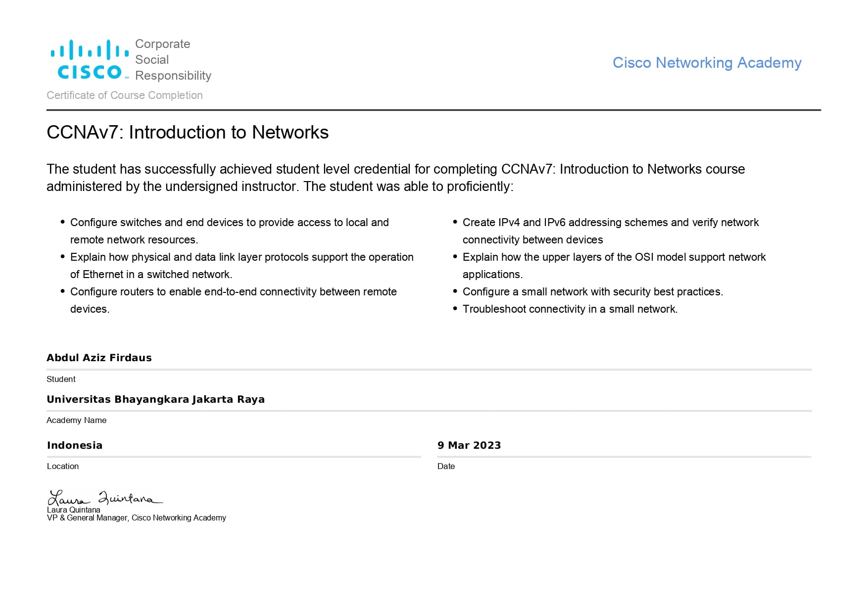 Certificate Cisco Networking Academy